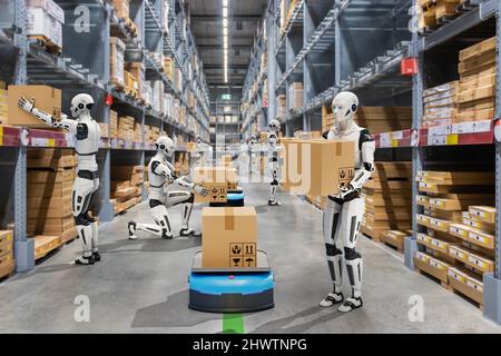 Autonomous robot system working in warehouses, Artificial intelligence technology concept, 3d render Stock Photo