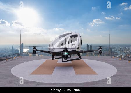 Autonomous driverless aerial vehicle takeoff on building rooftop, 3d render Stock Photo