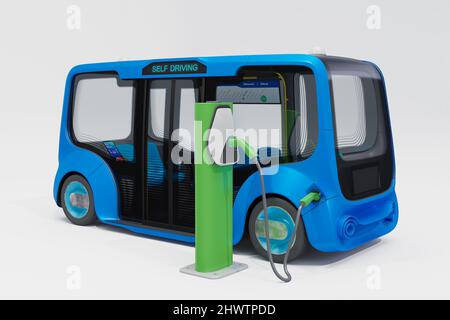 Autonomous electric minibus charging battery, 3d render Stock Photo