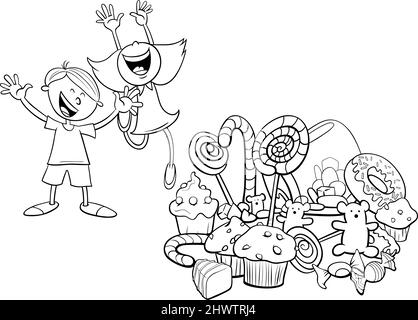 Black and white cartoon illustration of children characters and a pile of sweets coloring book page Stock Vector
