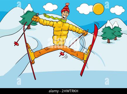 Cartoon illustrations of funny man character skiing on winter time Stock Vector