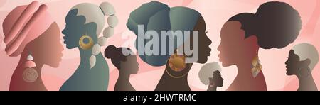 Profile silhouette group of African American or African women and girls. Heads and faces of black women. Female social community. Racial equality. Stock Vector