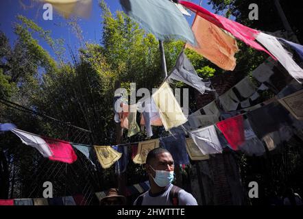 A man wears a mask near the Everest Expedition ride attraction at Disney's Animal Kingdom in Orlando, Florida USA Stock Photo