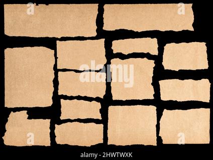 Ripped paper pieces isolated on black background. Newspaper pages cutout Stock Photo