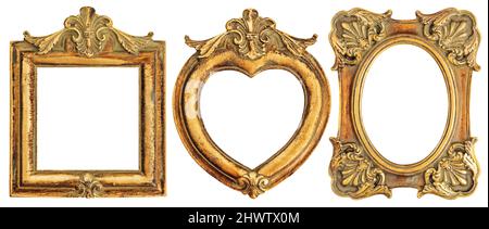 Golden picture frame isolated on white background. Vintage style antique frame Stock Photo