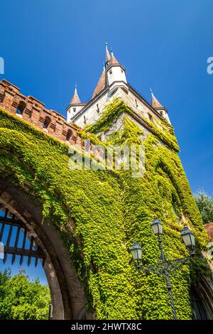 Vajdahunyad Castle in the City Park of Budapest, Hungary, Europe. View of entrance gate detail. Stock Photo