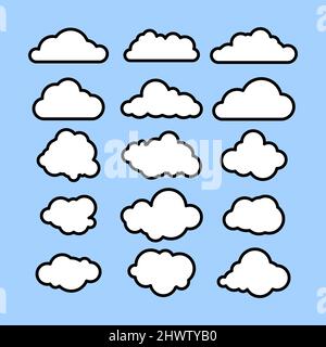A set of clouds on a blue background in line-art style for printing and design. Vector illustration. Stock Vector