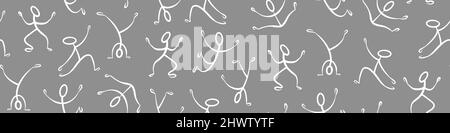 Stick figures seamless pattern. Horizontal border with doodle people on gray background. Vector illustration. Stock Vector