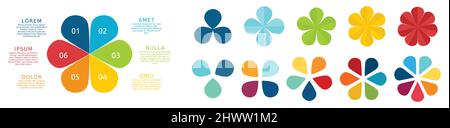 Clover like infographic elements, colour version with three to seven petals Stock Vector