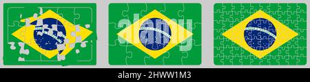 Brazil flag made out of puzzle pieces, different versions Stock Vector