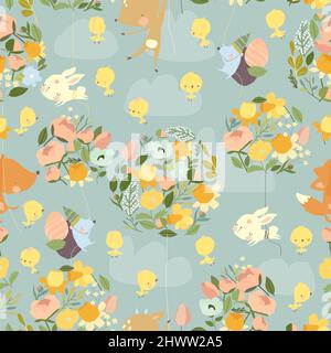Seamless Pattern with Happy Cartoon Animals flying on Flowers Balloons Stock Vector