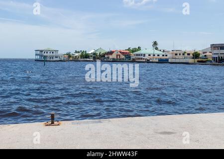 View on cityscape with colorful houses of Belize City seen from the town harbor Stock Photo