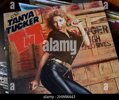 A copy of singer Tanya Tucker's Grammy-nominated 1978 record album, titled 'TNT', for sale in an antique shop. Stock Photo