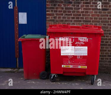 Red wheelie bins seen in front of a wall and a blue door on the street. Stock Photo