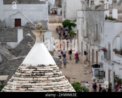 Alberobello,Puglia,Italy. August 2021. Amazing aerial footage of the enchanting historic village. From above, the unmistakable city landscape characte Stock Photo