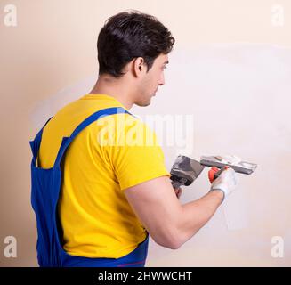 The young contractor employee applying plaster on wall Stock Photo