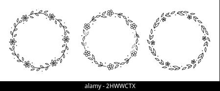 Set of spring floral wreaths isolated on white background. Round frames with flowers. Vector hand-drawn illustration in doodle style. Perfect for cards, invitations, decorations, logo, various designs Stock Vector