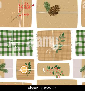 Merry Christmas seamless pattern illustration of recycled gift box in flat cartoon style. Eco friendly present background for holiday or birthday conc Stock Vector