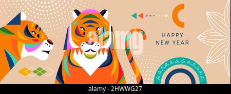 Happy Chinese New Year 2022 greeting card illustration of geometric tiger animals with colorful abstract shaoe decoration and folk art symbol. Festive Stock Vector