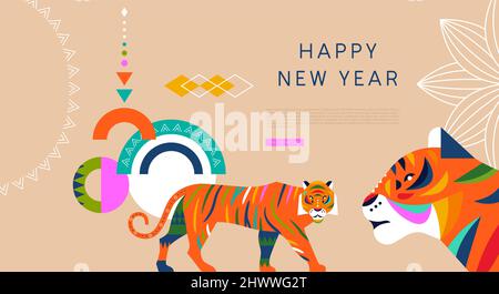 Happy Chinese New Year 2022 web template illustration of colorful tiger animal with geometric folk art style decoration and copy space text. Modern ch