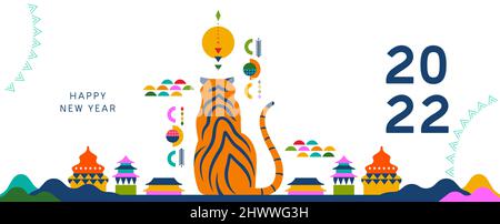 Happy Chinese New Year 2022 greeting card illustration of modern colorful asian landscape with tiger animal. Abstract geometric shape style design for Stock Vector