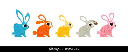 Easter rabbit animal set in vintage folk art style. Colorful cute bunny cartoon collection on isolated white background. Stock Vector