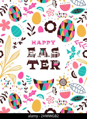 Happy Easter greeting card illustration of vintage folk art style floral background with colorful spring doodle decoration. Retro scandinavian cartoon Stock Vector