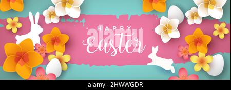 Happy Easter web banner illustration. Colorful 3d spring flower with paper cut rabbit and eggs for traditional christian holiday celebration event. Stock Vector