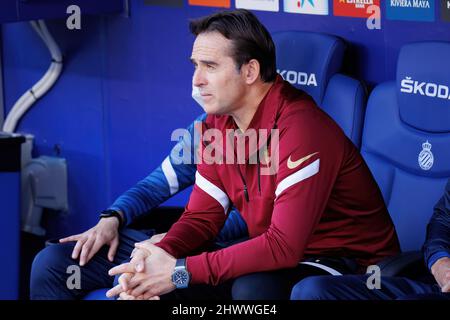 BARCELONA - FEB 20: The manager Julen Lopetegui sits on the bench during the La Liga match between RCD Espanyol and Sevilla FC at the RCDE Stadium on Stock Photo