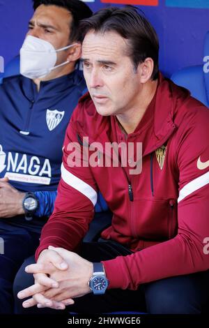 BARCELONA - FEB 20: The manager Julen Lopetegui sits on the bench during the La Liga match between RCD Espanyol and Sevilla FC at the RCDE Stadium on Stock Photo