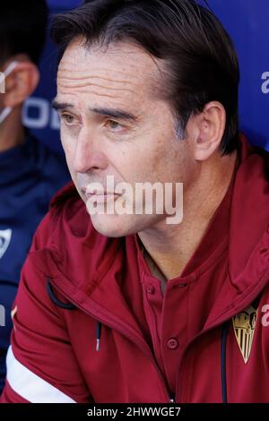 BARCELONA - FEB 20: The manager Julen Lopetegui sits on the bench during the La Liga match between RCD Espanyol and Sevilla FC at the RCDE Stadium on Stock Photo