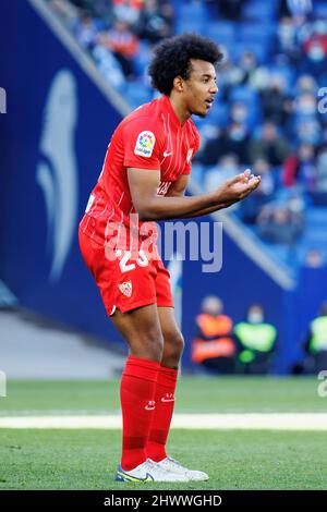 BARCELONA - FEB 20: Jules Kounde in action at the La Liga match between RCD Espanyol and Sevilla FC at the RCDE Stadium on February 20, 2022 in Barcel Stock Photo