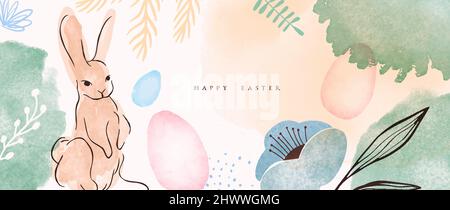 Happy Easter greeting card illustration of rabbit in spring forest with colorful flowers. Vintage hand drawn watercolor cartoon for traditional family Stock Vector