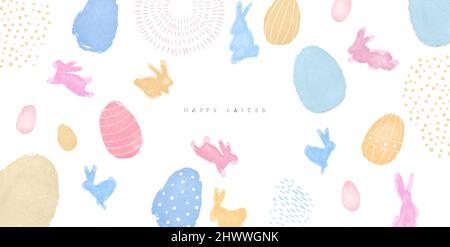 Happy Easter greeting card of colorful watercolor rabbits with egg doodle. Spring festival background illustration for traditional christian holiday. Stock Vector