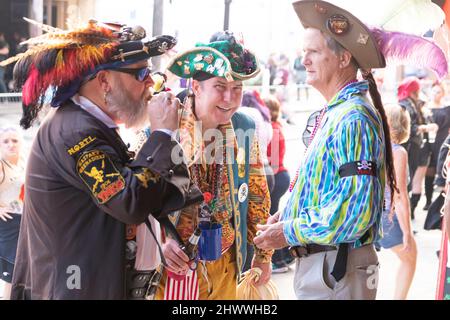 Pirate costumed parade-goers prepare for the Sant'Yago Illuminated Knight Parade Stock Photo