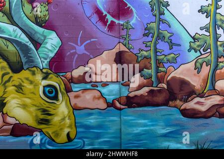 mural on wall of Gravity Bound Brewery: "Untitled" by Molly Mendenhall, Albuquerque, New Mexico Stock Photo