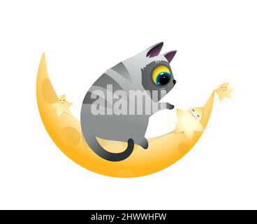 Cat or Kitten and Golden Moon Sleeping Clipart Stock Vector