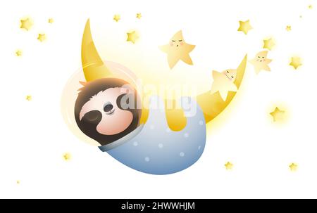 Baby Sloth Cosmonaut and Stars Sleeping on Moon Stock Vector