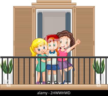 Three girls standing on the balcony illustration Stock Vector