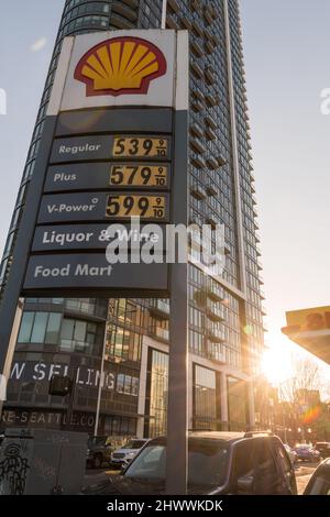 Seattle, USA. 7th Mar, 2022. The Shell gas station on Denny way and Wall Street in the shadow of the Space Needle with unleaded breaching the five dollar a gallon mark. Gas prices are surging across the United States after Russia’s invasion on Ukraine on the 24th of Feb. Struggling Americans are dealing with skyrocketing inflation and increasing rents as Covid-19 restrictions lessen and the world opens up. James Anderson/Alamy Live News Stock Photo