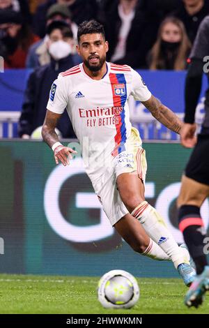 Lyon, France - February 27: Emerson Palmieri of Lyon in action during the Ligue 1 Uber Eats match between Olympique Lyonnais and Lille OSC at Groupama Stock Photo