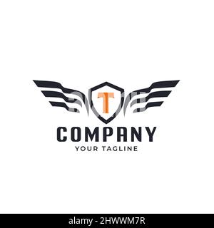 Design emblem with eagle wings and shield letter T inside. Stock Vector