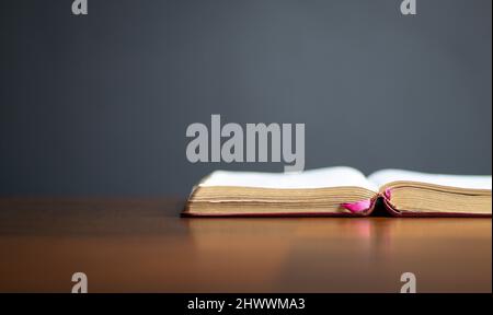 Open Holy Bible on wood table, with copy space. Stock Photo