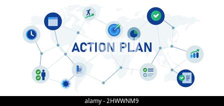 Action plan icon set interconnected business improvement check mark Stock Vector