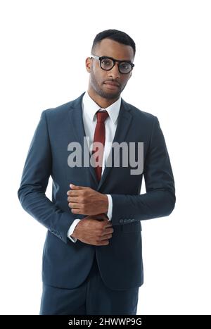 Hes a financial fundi. A stylish young african american businessman wearing glasses while isolated on white. Stock Photo