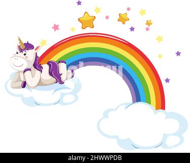 Little unicorn lying on a cloud with rainbow illustration Stock Vector