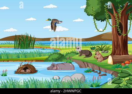 Animal living on nature wet scene illustration Stock Vector