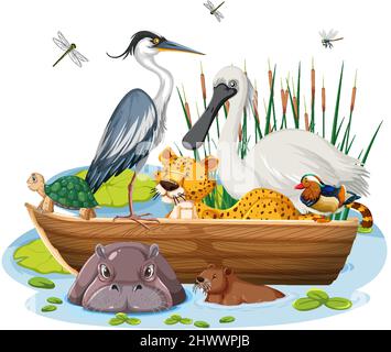 Many animals on the boat illustration Stock Vector