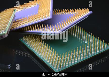 Multiple Generations of Computer CPU's in a close up showing the golden  pins Stock Photo