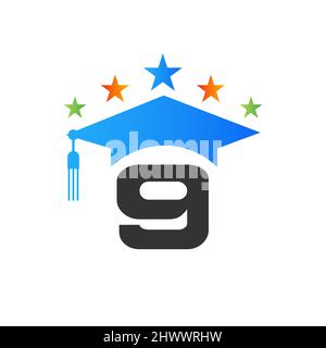 Letter 9 Education Logo Initial Graduation Cap Concept. Education Logo Design Template With 9 Letter Graduate Hat Vector Template Stock Vector